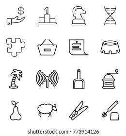 Thin line icon set : investment, pedestal, chess horse, dna, puzzle, remove from basket, shopping list, stadium, palm, wireless, scoop, hand mill, pear, sheep, clothespin, toilet brush