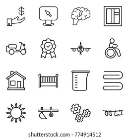 Thin line icon set : investment, monitor arrow, brain, window, scooter shipping, medal, plane, invalid, home, crib, measuring cup, towel, gas oven, plow, gears, drying clothe