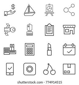 Thin line icon set : investment, boat, presentation, molecule, satellite, crystall memory, clipboard, shop, store, calculator, lipstick, terms, mobile checking, ring button, cherry, package
