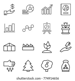 Thin line icon set : investment, diagram, annual report, graph, presentation, flower, greenhouse, seedling, sprouting, hand leaf, sow, spruce, garden, fertilizer