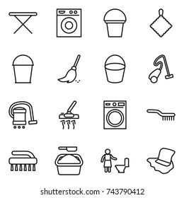 thin line icon set : iron board, washing machine, bucket, rag, broom, vacuum cleaner, brush, powder, toilet cleaning, floor