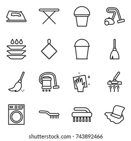 thin line icon set : iron, board, bucket, vacuum cleaner, plate washing, rag, broom, wiping, machine, brush, floor