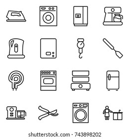thin line icon set : iron, washing machine, fridge, coffee maker, kettle, kitchen scales, handle, spatula, elecric oven, double boiler, food processor, pruner, cleaning