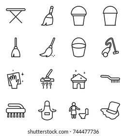 thin line icon set : iron board, broom, bucket, vacuum cleaner, wiping, house cleaning, brush, apron, toilet, floor washing
