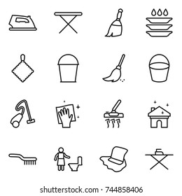 thin line icon set : iron, board, broom, plate washing, rag, bucket, vacuum cleaner, wiping, house cleaning, brush, toilet, floor