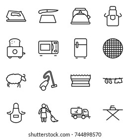 thin line icon set : iron, cutting board, kettle, apron, toaster, microwave oven, fridge, sieve, sheep, vacuum cleaner, sponge, drying clothe, brooming, home call cleaning