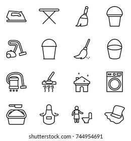 thin line icon set : iron, board, broom, bucket, vacuum cleaner, house cleaning, washing machine, powder, apron, toilet, floor