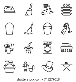 thin line icon set : iron, broom, vacuum cleaner, plate washing, bucket, wiping, machine, brush, powder, toilet cleaning, floor, board