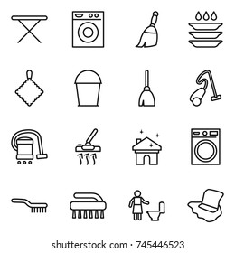 thin line icon set : iron board, washing machine, broom, plate, rag, bucket, vacuum cleaner, house cleaning, brush, toilet, floor