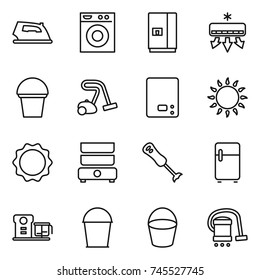 thin line icon set : iron, washing machine, fridge, air conditioning, bucket, vacuum cleaner, kitchen scales, gas oven, induction, double boiler, blender, food processor
