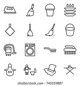 thin line icon set : iron, broom, bucket, plate washing, rag, vacuum cleaner, machine, brush, apron, toilet cleaning, floor, board