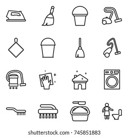 thin line icon set : iron, broom, bucket, vacuum cleaner, rag, wiping, house cleaning, washing machine, brush, powder, toilet