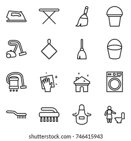 thin line icon set : iron, board, broom, bucket, vacuum cleaner, rag, wiping, house cleaning, washing machine, brush, apron, toilet thin line icon set : iron, board, broom, bucket, vacuum cleaner, rag, wiping, house cleaning, washing machine, brush, apron, toilet