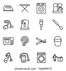 thin line icon set : iron, board, washing machine, coffee maker, vacuum cleaner, kettle, handle scales, spatula, grill oven, elecric, pruner, bucket, kitchen cleaning