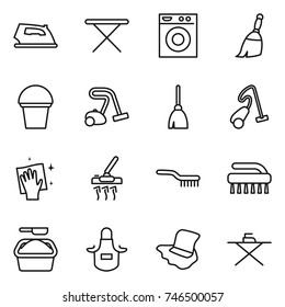 thin line icon set : iron, board, washing machine, broom, bucket, vacuum cleaner, wiping, brush, powder, apron, floor