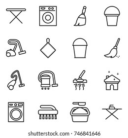 thin line icon set : iron board, washing machine, broom, bucket, vacuum cleaner, rag, house cleaning, brush, powder