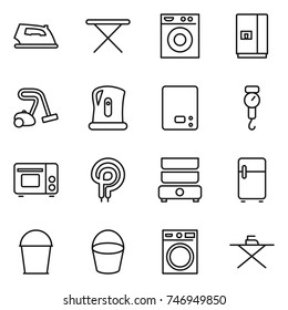 thin line icon set : iron, board, washing machine, fridge, vacuum cleaner, kettle, kitchen scales, handle, grill oven, elecric, double boiler, bucket