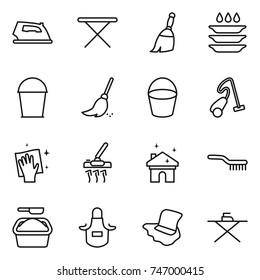 thin line icon set : iron, board, broom, plate washing, bucket, vacuum cleaner, wiping, house cleaning, brush, powder, apron, floor