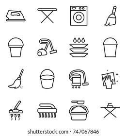 thin line icon set : iron, board, washing machine, broom, bucket, vacuum cleaner, plate, wiping, brush, powder