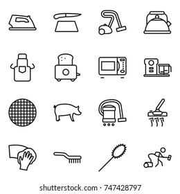 thin line icon set : iron, cutting board, vacuum cleaner, kettle, apron, toaster, microwave oven, food processor, sieve, pig, wiping, brush, duster