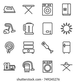thin line icon set : iron, board, washing machine, fridge, vacuum cleaner, kettle, kitchen scales, gas oven, elecric, double boiler, blender, food processor