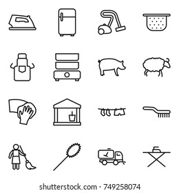 thin line icon set : iron, fridge, vacuum cleaner, colander, apron, double boiler, pig, sheep, wiping, utility room, drying clothe, brush, brooming, duster, home call cleaning, board