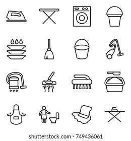 thin line icon set : iron, board, washing machine, bucket, plate, broom, vacuum cleaner, brush, powder, apron, toilet cleaning, floor