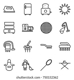 thin line icon set : iron, fridge, toaster, gas oven, double boiler, food processor, sieve, vacuum cleaner, brush, apron, brooming, duster, board