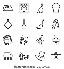 thin line icon set : iron, washing machine, broom, bucket, rag, vacuum cleaner, wiping, house cleaning, brush, toilet, floor, board
