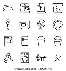 thin line icon set : iron, coffee maker, kettle, kitchen scales, handle, grill oven, elecric, induction, fridge, bucket, vacuum cleaner, washing machine, cleaning, board