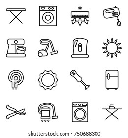 thin line icon set : iron board, washing machine, air conditioning, mixer, coffee maker, vacuum cleaner, kettle, gas oven, elecric, induction, blender, fridge, pruner