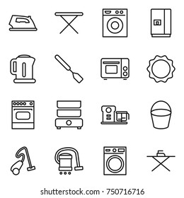 thin line icon set : iron, board, washing machine, fridge, kettle, spatula, grill oven, induction, double boiler, food processor, bucket, vacuum cleaner