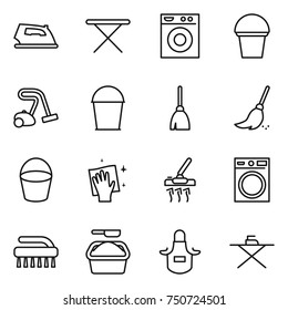 thin line icon set : iron, board, washing machine, bucket, vacuum cleaner, broom, wiping, brush, powder, apron