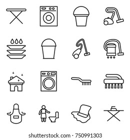 thin line icon set : iron board, washing machine, bucket, vacuum cleaner, plate, house cleaning, brush, apron, toilet, floor