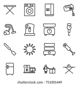 thin line icon set : iron board, washing machine, fridge, mixer, vacuum cleaner, kettle, kitchen scales, handle, spatula, gas oven, double boiler, blender, food processor, cleaning