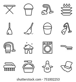 thin line icon set : iron board, bucket, vacuum cleaner, plate washing, broom, house cleaning, machine, brush, powder, apron, floor