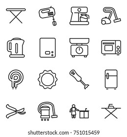 thin line icon set : iron board, mixer, coffee maker, vacuum cleaner, kettle, kitchen scales, grill oven, elecric, induction, blender, fridge, pruner, cleaning