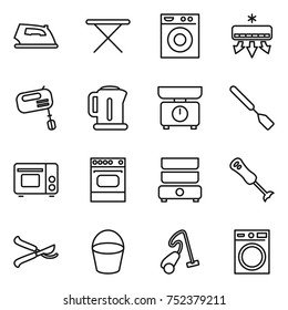 thin line icon set : iron, board, washing machine, air conditioning, mixer, kettle, kitchen scales, spatula, grill oven, double boiler, blender, pruner, bucket, vacuum cleaner