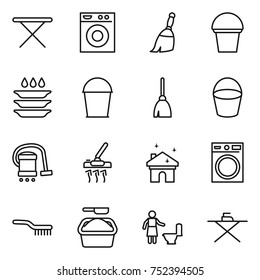 thin line icon set : iron board, washing machine, broom, bucket, plate, vacuum cleaner, house cleaning, brush, powder, toilet
