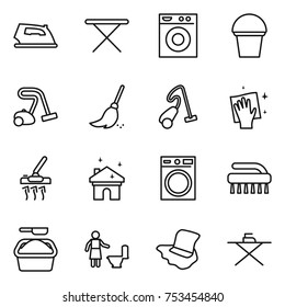 thin line icon set : iron, board, washing machine, bucket, vacuum cleaner, broom, wiping, house cleaning, brush, powder, toilet, floor