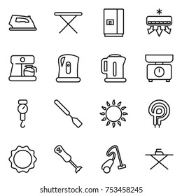 thin line icon set : iron, board, fridge, air conditioning, coffee maker, kettle, kitchen scales, handle, spatula, gas oven, elecric, induction, blender, vacuum cleaner