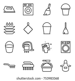 thin line icon set : iron, washing machine, broom, bucket, plate, rag, vacuum cleaner, wiping, brush, powder, apron