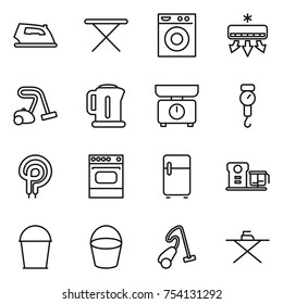 thin line icon set : iron, board, washing machine, air conditioning, vacuum cleaner, kettle, kitchen scales, handle, elecric oven, fridge, food processor, bucket