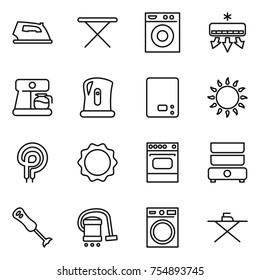 thin line icon set : iron, board, washing machine, air conditioning, coffee maker, kettle, kitchen scales, gas oven, electric, induction, double boiler, blender, vacuum cleaner