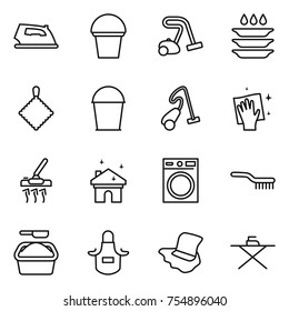 thin line icon set : iron, bucket, vacuum cleaner, plate washing, rag, wiping, house cleaning, machine, brush, powder, apron, floor, board