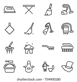 thin line icon set : iron, board, broom, vacuum cleaner, rag, house cleaning, brush, washing powder, apron, toilet, floor