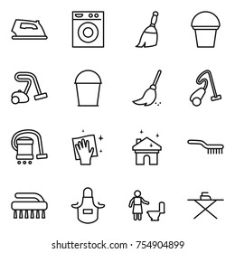 thin line icon set : iron, washing machine, broom, bucket, vacuum cleaner, wiping, house cleaning, brush, apron, toilet, board