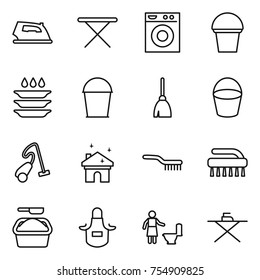 thin line icon set : iron, board, washing machine, bucket, plate, broom, vacuum cleaner, house cleaning, brush, powder, apron, toilet