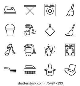 thin line icon set : iron, board, washing machine, broom, bucket, vacuum cleaner, rag, wiping, brush, apron, floor