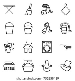 conjunto de iconos de línea delgada: tabla de planchar, escoba, aspiradora, trapo, cubo, limpiador, lavadora, cepillo, polvo, delantal, piso
